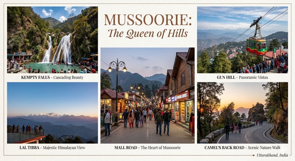 Scenic view of famous tourist places in Mussoorie including Kempty Falls, Gun Hill, Mall Road, Lal Tibba and Camel’s Back Road
