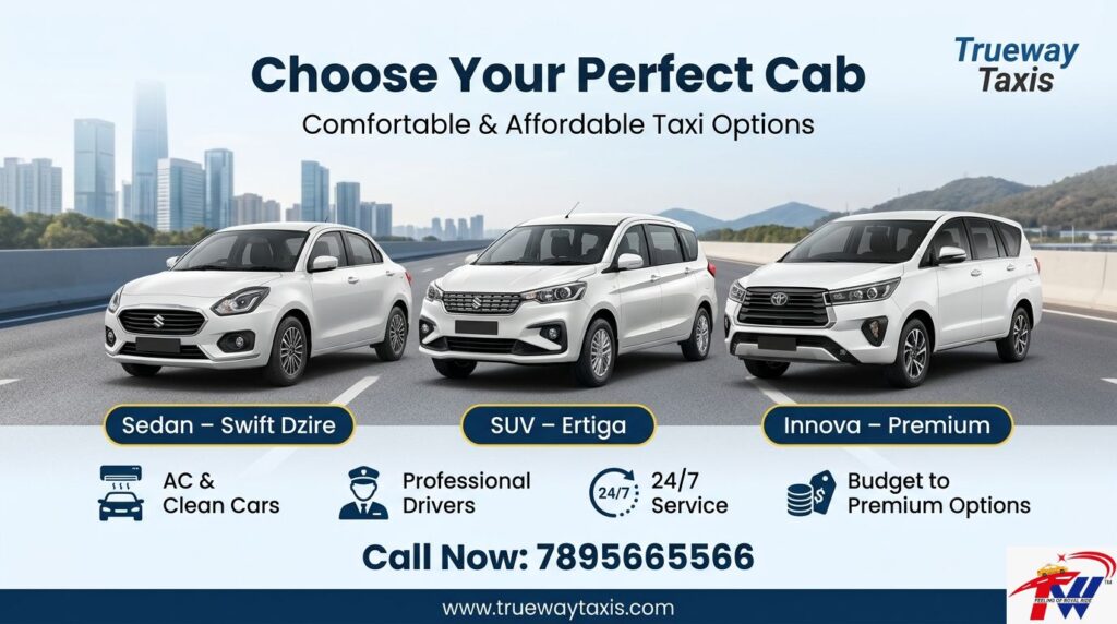 Sedan Swift Dzire, SUV Ertiga, and Innova taxi options available
