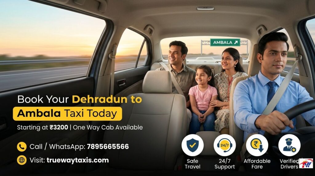 Happy passengers traveling in a sedan taxi on Dehradun to Ambala highway with driver, promoting one way cab booking at ₹3200 by Trueway Taxis.