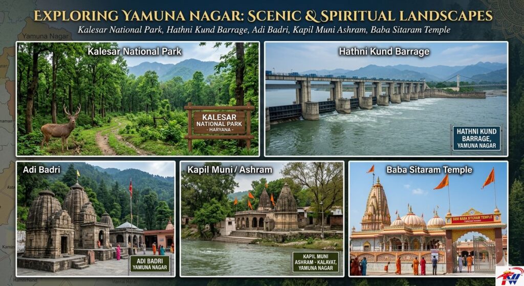Famous tourist places in Yamunanagar Haryana including Kalesar National Park, Hathni Kund Barrage, and Adi Badri temples