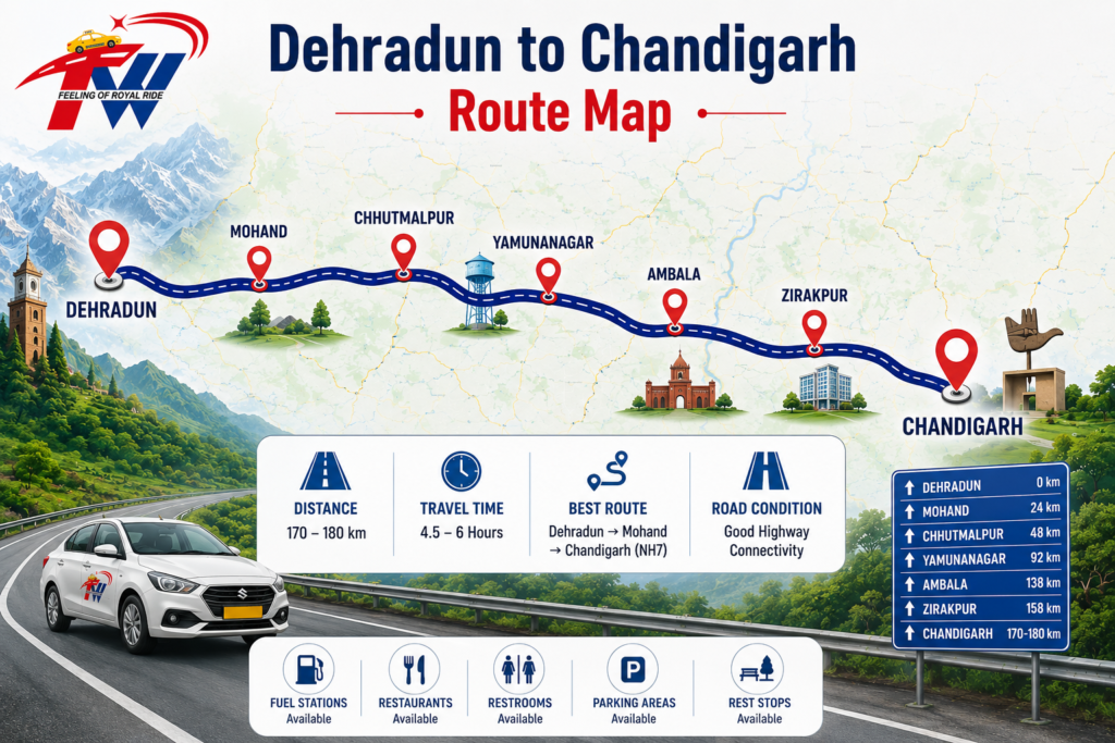 Dehradun to Chandigarh route map by Trueway Taxis showing the NH7 highway route via Mohand, Chhutmalpur, Yamunanagar, Ambala, and Zirakpur with distance, travel time, and major stops for one-way taxi service.