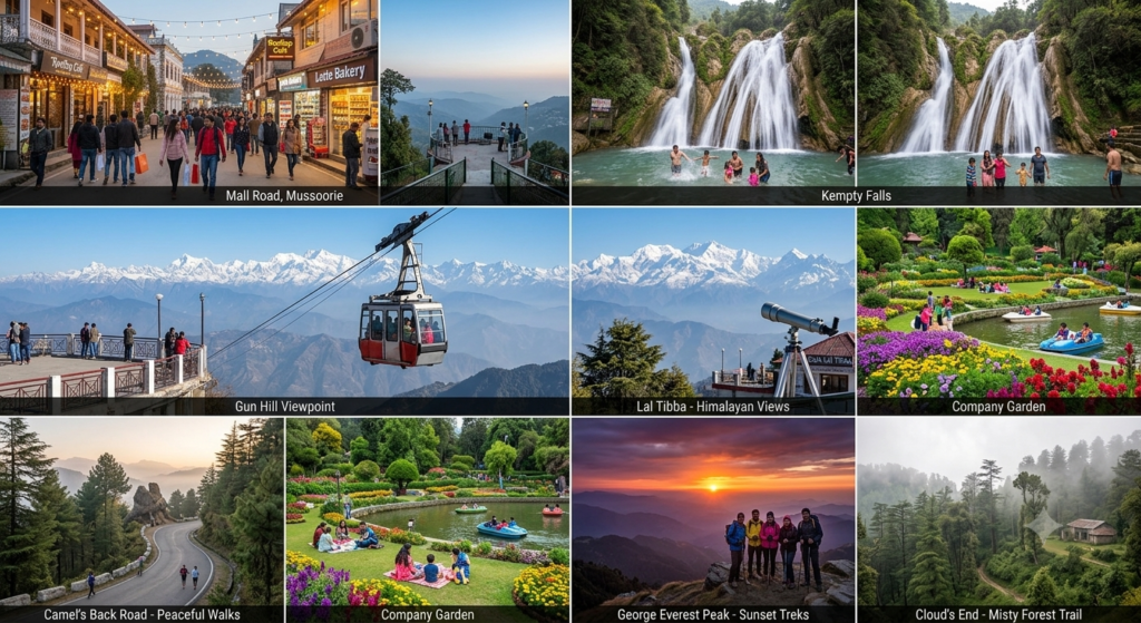 top tourist places in Mussoorie including Mall Road, Kempty Falls, Gun Hill Ropeway, Lal Tibba Himalayan view, Company Garden, Camel's Back Road, George Everest Peak at sunset, and misty Cloud's End.